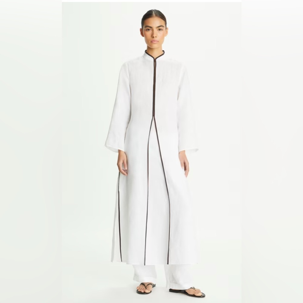 Tory Burch White Long Coat Dress with Black Piping